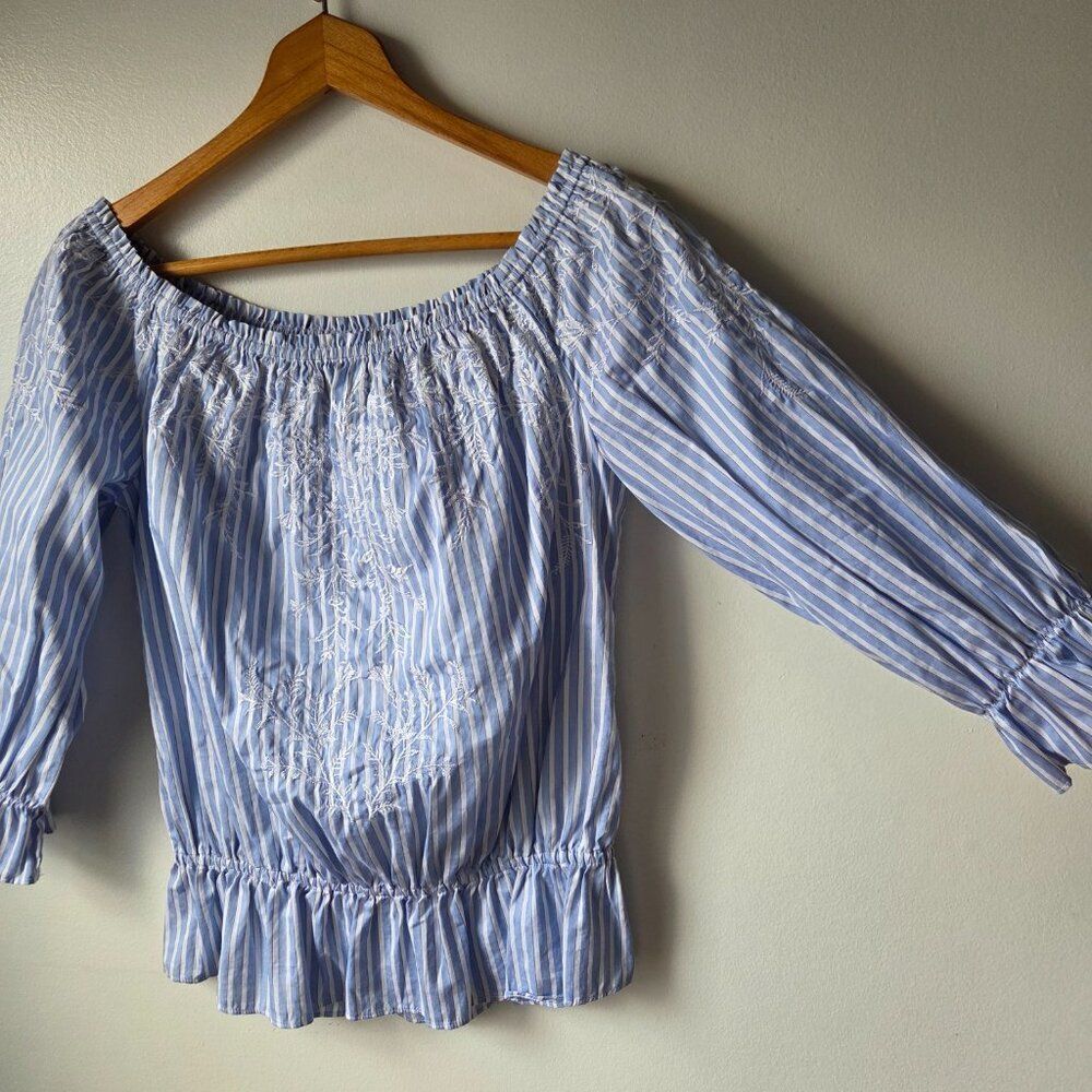 NWOT WHITE HOUSE BLACK MARKET STRIPED BOHO PEASANT EMBROIDERED COTTON TOP SIZE M - Picture 2 of 14